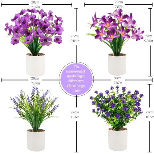 4 Pack Artificial Flowers in Pots, Mini Fake Potted Plants Small Faux Flowers for Indoor Decor, Purple Spring Tabletop Centerpieces for Bathroom Office Desk Shelf - color: Purple, size: 4 Pcs