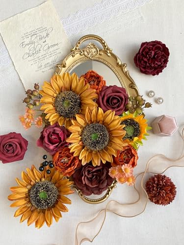 FACINOC Sunflower Artificial Flowers Burgundy Fake Flower Bulk for DIY Wedding Bouquet Bridal Shower Decorations Party Table Centerpieces Cake Decorating Silk Floral Arrangement for Home Decor Indoor - color: Fall Fake Sunflower