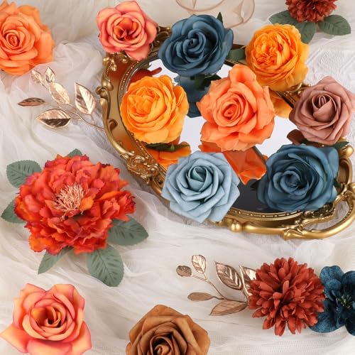 AGIRL Artificial Flowers Combo Silk Mix Teal Orange Fake Flower with Stems for DIY Wedding Bouquets Centerpieces Arrangements Table Chair Decor Baby Shower Home Decor (Teal Orange) - color: Teal Orange