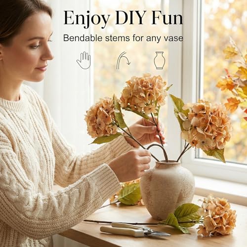 TOPIA Silk Fall Flowers Artificial Dried Hydrangea Artificial Fall Bouquet Fake Dried Flowers for Home Decor(6 PCS) (Autumn Yellow) - color: Autumn Yellow