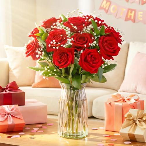 Benchmark Bouquets - Red Roses Bouquet - Fresh Flowers for Delivery - Mothers Day Flowers - One Dozen Long Stem Roses - Real Roses - Mothers Day Gifts for Mom (Glass Vase Included) - style: Original