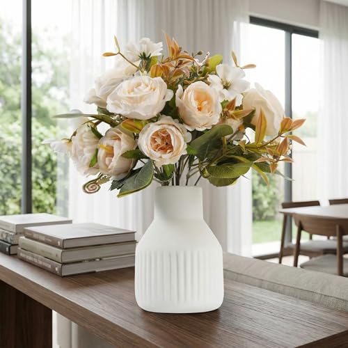Small 10" Fake Fake Flowers in Vase Silk Roses Artificial Flowers in Ceramic Vase,Faux Flower Plant Arrangement for Home Office Farmhouse Bathroom Dining Table Centerpiece Decorations (White)