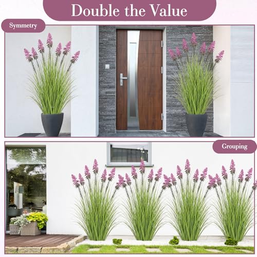 Jexine 2 Pieces 4 ft Artificial Tall Grass Plants Outdoor with Purple Cockscomb Flower Tall Artificial Grass Green Onions Plant Potted for Housewarming Gift House Garden Lobby Outdoor - color: Purple Cockscomb Flower