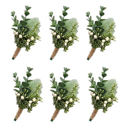 Green Eucalyptus Boutonniere for Men, Artificial Succulent Plant Leaves Realistic White Berry for Wedding Prom Homecoming Outdoor Events Decor 6 Pcs - color: Corsage a 6
