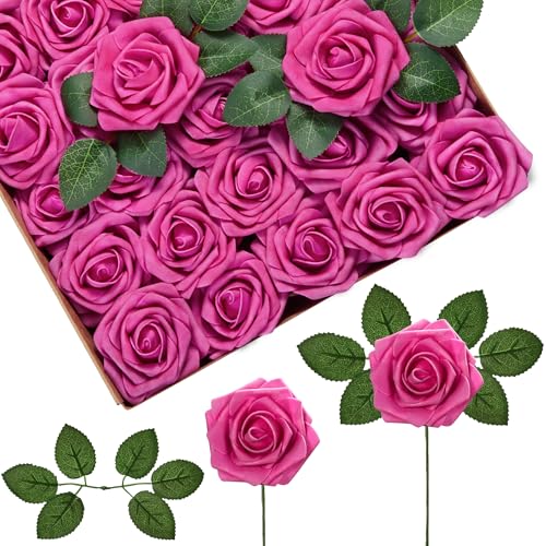 InnoGear Artificial Flowers, 50 Pcs Fuchsia Rose Foam Red-Violet Fake Roses Bulk with Stems for Decoration DIY Wedding Bouquets Centerpieces Bridal Shower Party Christmas Tree - color: Fuchsia