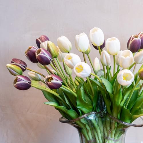 Artificial Tulips Flowers,Soft Touch Latex Bouquet, Fake Tulips,Spring Wedding Home Room Table Centerpiece Decor - color: 40pcs Dark Plum Set(no Vase)