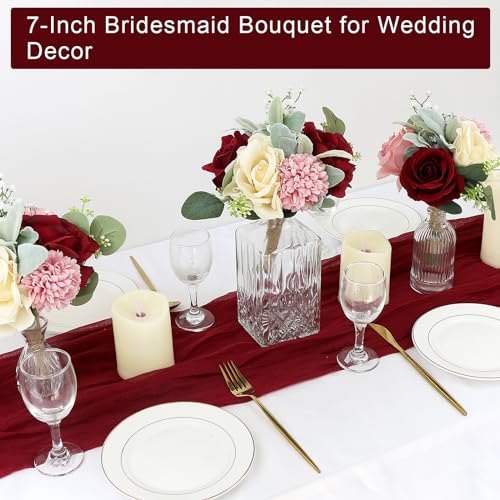 Set of 4 Artificial Bridesmaid Bouquets Blush & Burgundy -7 Inch Silk Rose Wedding Flower Bouquets for Bridesmaid Holding Flowers , Bridal Shower, Wedding Centerpiece Ceremony and Anniversary - color: Blush & Burgundy, size: 4pcs Bouquets