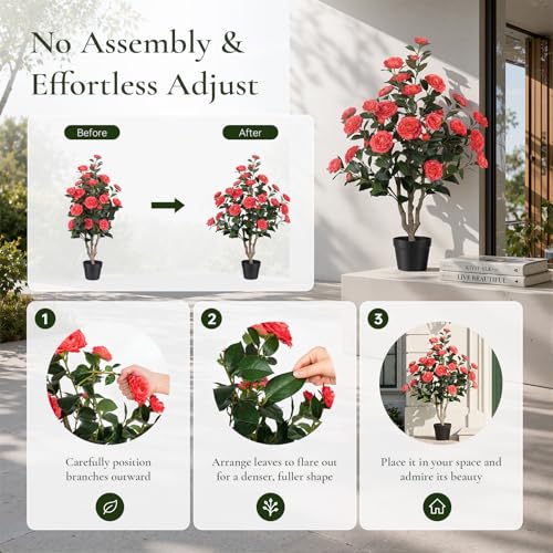 2 Pack 3FT Artificial Camellia Tree with Pink Flowers, UV Resistant Extra Lush Faux Potted Flowering Plant for Indoor Outdoor Front Porch Patio Home Office Decor, 36 Inch Tall Fake Tree - color: Camellia Tree Pink