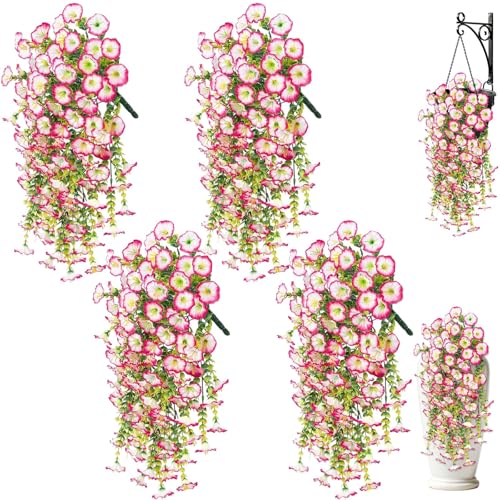 Artificial Hanging Flowers for Outdoors, 4Pcs UV Resistant Artificial Hanging Morning Glory Flowers, Spring Realistic Faux Outdoor Flower for Porch Patio Yard Garden Farmhouse Decor (Pink) - color: Pink