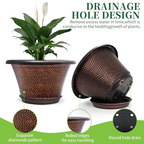 Quarut 12 Inch Pots for Plants,4 Pack Large Flower Pots with Drainage Hole & Saucer,Modern Planters for Indoor Outdoor Plants,Decorative Resin Garden Pots Brown - color: Diamond Pattern-brown, size: 12 inch-4 Pack