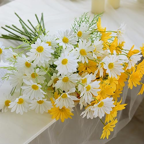NatureMan Artificial Flowers 12 Bundles Artificial Silk Daisy UV Resistant Outdoor Fake Wildflowers with Stems Daisy Arrangements for Home Hotel Office Garden Decoration (White, Yellow) - color: White, Yellow