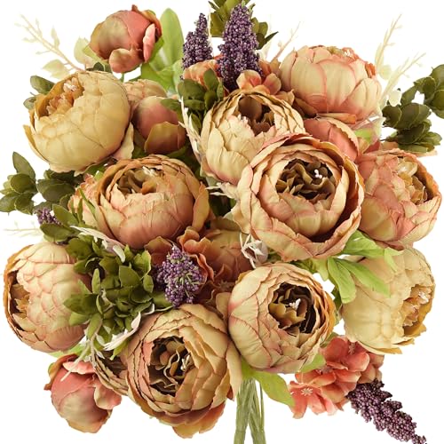 FiveSeasonStuff Tawny Brown Artificial Peony Bouquets, 2 Silk Flower Bundles with Hydrangea Accents for Wedding Centerpieces & Home Decor - color: Tawny Brown