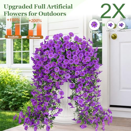Artificial Flowers for Outdoors, Fake Hanging Flowers for Decoration, UV Resistant Artificial Outdoor Plants, 2 Pcs Artificial Petunias for Outdoors Garden Patio Porch Yard Decoration, Purple - color: Purple, size: 2 Pack