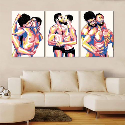 Sexy Men Gay Wall Art Canvas Paintings Colorful Nordic Sexy Home Wall Decoration Poster Gift for Lovers Friends Wooden Inner Framed Ready to Hang-20x28 inch x 3pcs - color: Art08, size: 20x28x3pcs