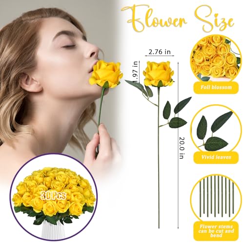 30pcs Fake Roses Artificial Silk Flowers Long Stems Bouquet for Wedding Bridal Shower Party Home Decoration (Yellow) - color: Yellow