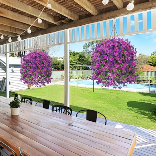 INXUGAO Artificial Hanging Flowers Plants with Basket for Outdoors, Realistic Faux Silk Daisy Flower Eucalyptus for Spring Decor, UV Resistant Fake Plants for Porch Patio Yard Balcony, Violet - color: A-violet Purple