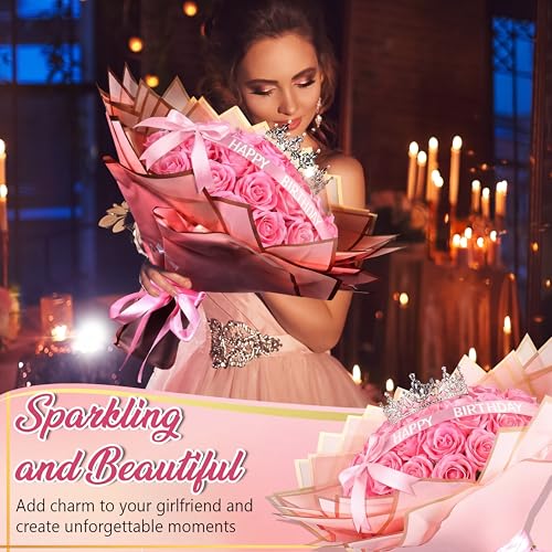 Maysing Money Bouquet Kit 12 Pcs Glitter Roses 20 Sheet Flower Wrapping Paper DIY Flower Bouquet Floral Foam Blocks Sticker for Anniversary Birthday Mother's Day Graduation(Pink+rose Pink) - color: Pink+rose pink