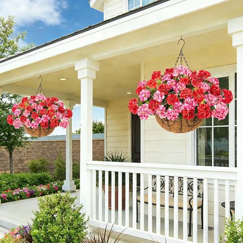 INSPRING Geraniums Artificial Flowers Hanging Basket for Outdoors Outside Spring Decoration, 8 Bundles Silk Flowers Fake Plants Look Real UV Resistant for Porch Home Patio Balcony Yard, Red Pink - color: Red Pink