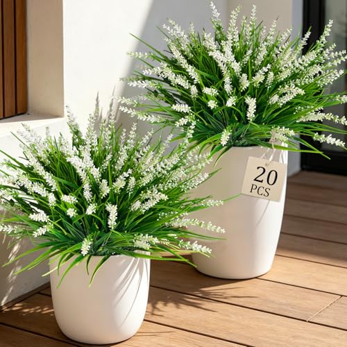 20Pcs Fake Plants Artificial Flowers Monkey Grass for Outdoors，UV Resistant Realistic White Artificial Plants Outdoor，No Fade Greenery Shrubs Outside Decor for Courtyard Porch Patio Garden - color: White, size: 20Pcs