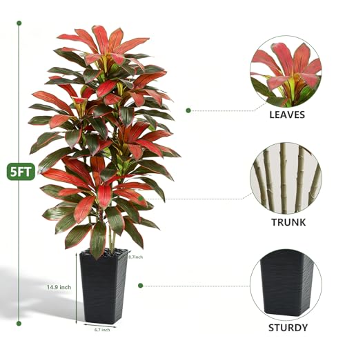 Artificial Red Dracaena Tree - 5FT Tall Fake Plants with Black Square Planter - Artificial Plants Indoor Floor Plant in Pot - Large Tropical Fake Yucca Potted Tree for Home Office Living Room Decor - color: Black-red Leaf, size: 5 FT