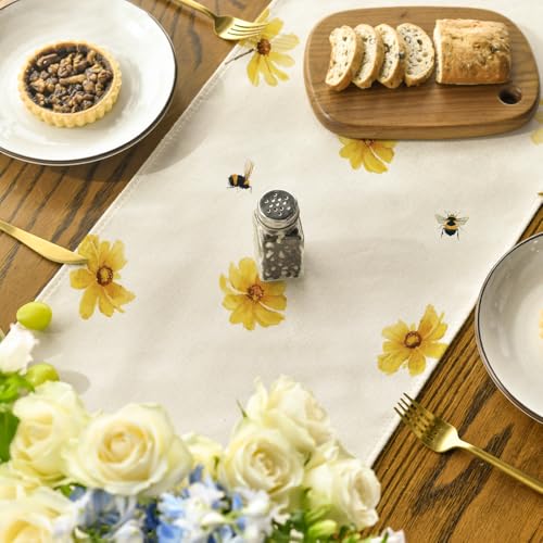 Artoid Mode Yellow Flowers Daisy Bees Summer Table Runner, Seasonal Easter Fall Holiday Kitchen Dining Table Decoration for Home Party Indoor 13x108 Inch - size: 13" x 108", Table Runner