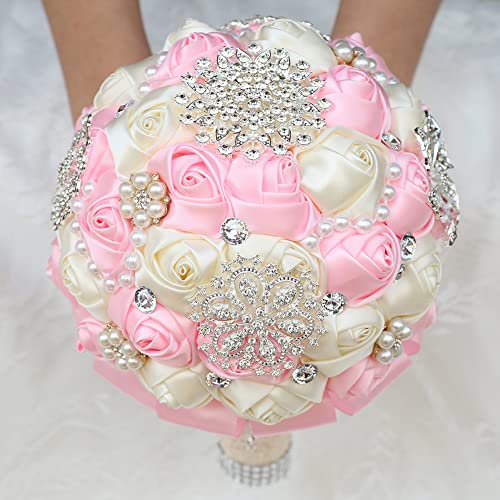 Sharebeauty 7.9 Inch Handmade Satin Rose Bridal Bouquet Toss Round Wedding Bouquet Throw Toss Artificial Flower Bunch Pink + Ivory - color: W3217d15 Pink/Ivory