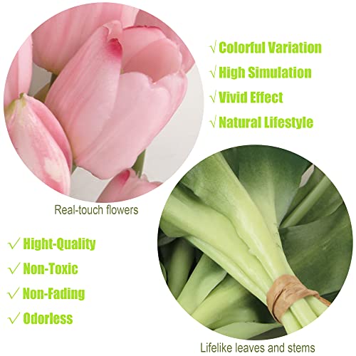 20pcs Artificial Tulip Flowers,16 Inch Real Touch Tulip Stems with Faux Leaves, Faux Tulips and Buds for Home Décor Centerpiece Ornament Wedding Bouquet,Pink - color: Pink
