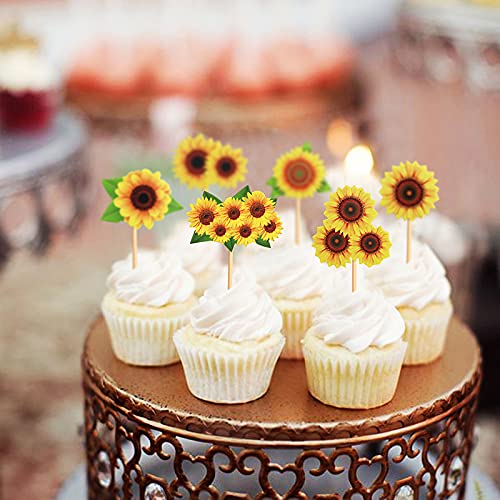 36Pcs Printed Sunflowers Cupcake Toppers Yellow Flowers Cupcake Picks for Yellow Floral Birthday Party Sunflower Theme Baby Shower Wedding Anniversary Graduation Party Cake Cupcake Decorations - color: Sunflowers