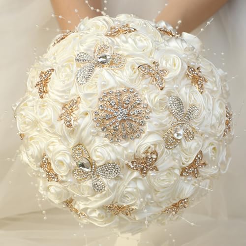 Handmade Wedding Flowers Bouquet Round Holding Bridal Bouquet Artificial Satin Roses Bunch for Bride Bridesmaid Wedding Quinceanera (Ivory, 9.8") - color: Ivory, size: Large (Dia. 9.8"/25cm)