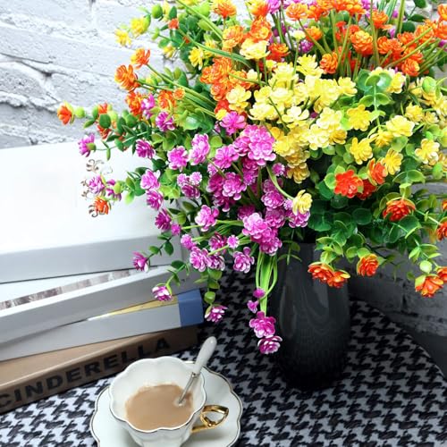 WILLBOND 12 Bundles Artificial Flowers Outdoor, UV Resistant Faux Artificial Plants Shrubs Plastic Flower Bulk for Hanging Planter Porch Window Home Spring Summer Decor(Yellow, Orange, Fuchsia) - color: Yellow, Orange, Fuchsia