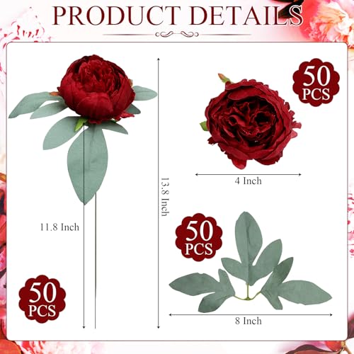 50Pcs Artificial Peonies Flowers Bulk, 4’’ Burgundy Peonies Fake Flowers Heads for Table, Faux Silk Peony Arrangements for Wedding, Valentine, Engagement, Party, Coffee, Dining Decorations - color: Burgundy