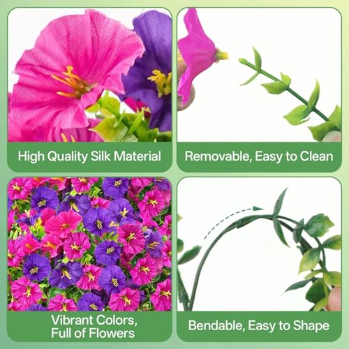 Artificial Hanging Flowers for Outdoors, 4 PCS UV Resistant Morning Glory Flowers with Eucalyptus Leaves, Silk Fake Flower Realistic Faux Plants for Home Patio Porch Garden Decor, Purple+Fuchsia - color: Purplish-red