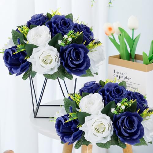 10Pcs Fake Flower Ball Arrangement Bouquet, 9.5" 15 Heads Plastic Roses with Base,Suitable for Parties Valentine's Day Wedding Centerpiece Flower Rack and Home Décor (Navy Blue & White) - color: Navy Blue & White