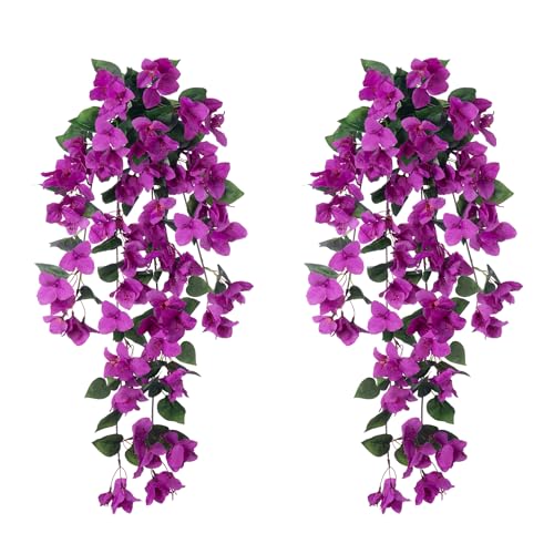 Bougainvillea Artificial Fake Hanging Flowers Plants for Outdoor Spring Decoration, 2PCS UV Resistant Faux Bougainvillea Silk Flowers Realistic Look Real for Planters Outside Porch Patio Yard, White - color: Z-purple, size: 2pcs