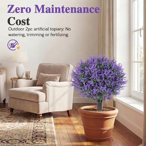 PATIO CHOICE Artificial Topiary Boxwood Ball Trees with Lavender Set of 2 22" Artificial Faux Plants Realistic Bushes Fake Shrubs Decorations for Outdoor Indoor Front Porch Garden - color: Lavender, size: 22in