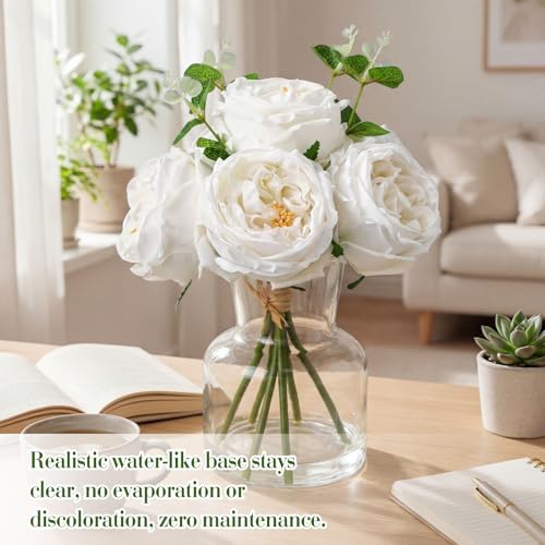 Norme Real to Touch Penoies Artificial Flowers, 6 Pcs Faux Austin Rose in Vase with Big Bloom and Fake Water Real Latex Petals for Wedding Dining Table Centerpiece Home Decor(White) - color: White