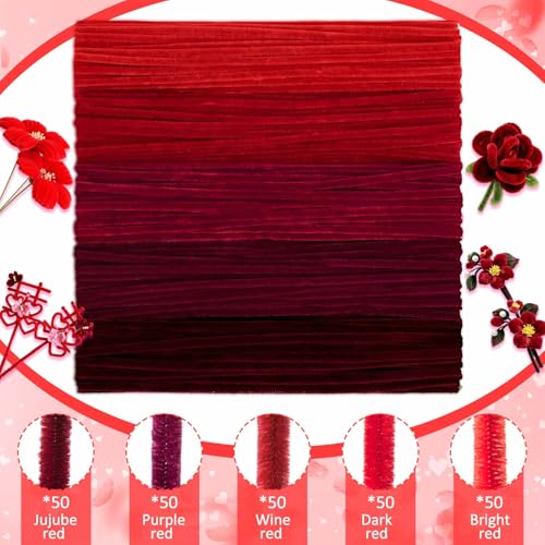 Peryiter 371 Pcs Pipe Cleaners Flowers Kit, Pipe Cleaners Chenille Stems Bulk with Floral Wire Gardening Tape Stamen, Fluffy Limpiapipas para Flores for DIY Mother's Day Decor(Rosy Red) - color: Rosy Red