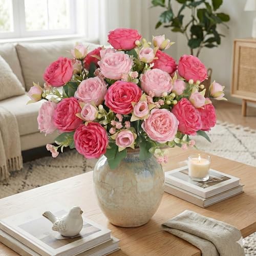 3 Bunches Artificial Peony Silk Flower Bouquet, Small Fake Pink Flowers Spring Floral Arrangement for Wedding Party Table Centerpieces Home Kitchen Decor - color: Mixed Pink