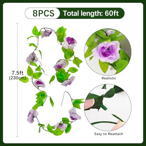 8Pcs 60Ft Purple Rose Garland, Fake Flower Vines, Artificial Vine Flowers, Rose Hanging Garland for Party Wedding, Garden, Room Table, Christmas, Backdrop Wall Arch Decor - color: Purple, size: 8Pcs 60Ft