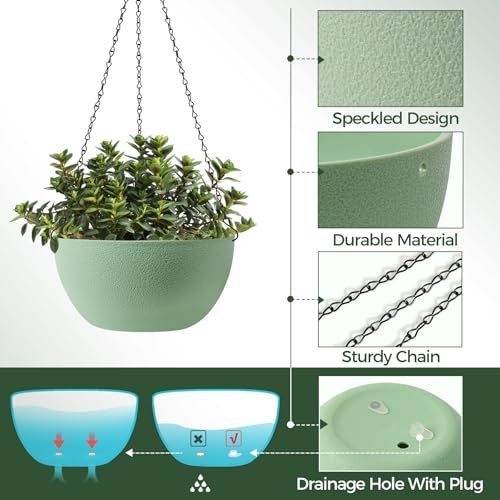 T4U 8 Inch Hanging Planter for Indoor Plants, 2 Pack Small Pots with Drainage Holes, Flower Basket Plant Holder for Home, Green - color: Green, size: 8 In