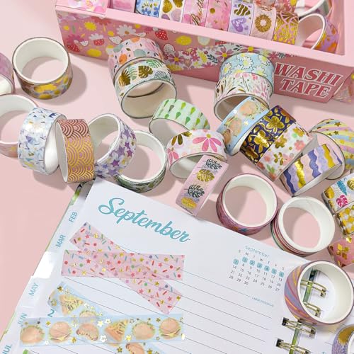 60 Rolls Floral Washi Tape Set,Flower Patterns Decorative Skinny Blooms Masking Tapes with Gold Foil Supplies for Arts,Scrapbook,Planner,DIY Arts and Crafts,Gift Wrapping