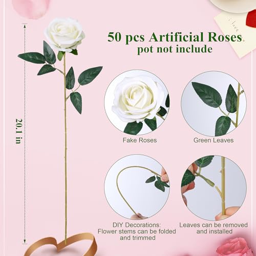 50 PCS Ivory Roses Artificial Flowers, Fake Roses with Stem Realistic Silk Roses for DIY Wedding Bouquets Tables Centerpieces Arrangements Baby Shower Birthday Home Decor Valentine's Day Gift for Her - color: Ivory