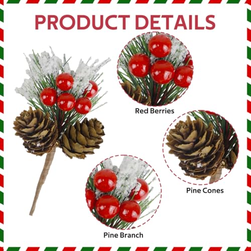 20PCS Christmas Floral Picks, Artificial Christmas Tree Picks and Sprays, Faux Cedar Pine Needles Branches with Red Berry Stems and Pine Cones for Crafts DIY Garland Holiday Wreath - size: 20PC Pine Picks