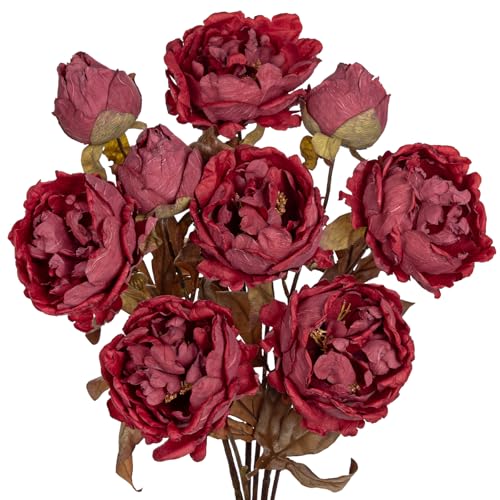 Briful Artificial Dried Look Fall Peony Flowers 3PCS 27.5in Tall Burgundy Vintage Silk Peony Bouquet Realistic Fake Peonies Floral Stems for Autumn Home Wedding Vase Centerpieces Arrangements Decor - color: Burgundy