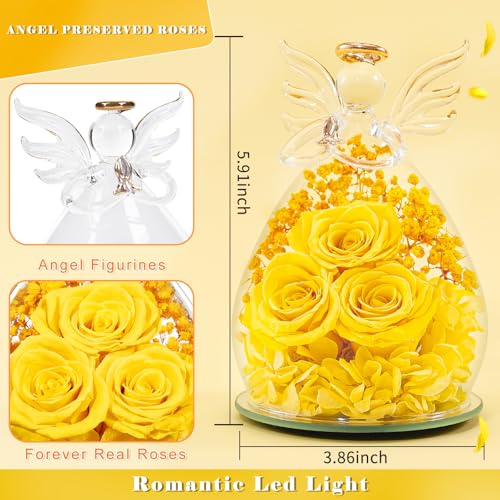 Beferr Gifts for Mom Birthday Gifts for Women, Fresh Flowers for Delivery Forever Preserved Rose in Glass Angel Figurine, Anniversary Christian Real Rose for Grandma Wife Mother from Daughter Son - color: F Yellow