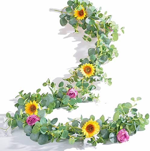 Naidiler Eucalyptus Garland with Flowers, Spring Decor for Mantle, Wedding Arch & Fireplace - color: Purple Yellow