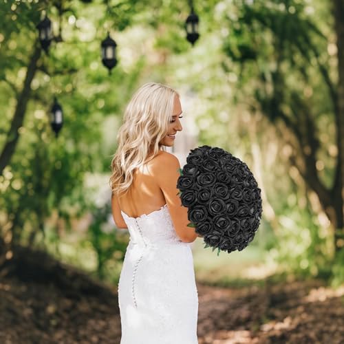 50 PCS Black Roses Artificial Flowers, Fake Roses with Stem Realistic Silk Roses for DIY Wedding Bouquets Table Centerpieces Arrangements Baby Shower Birthday Home Decor Valentine's Day Gift for Her - color: Black