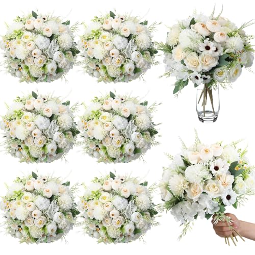 Tigeen 6 Bundles Artificial Bouquet Flowers Artificial Peonies Faux Roses Silk Flowers Hydrangea Bouquet for Wedding Table Centerpiece Floral Vase Decor(White) - color: White