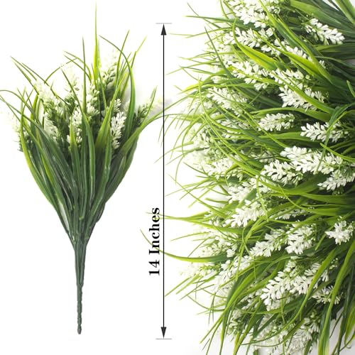 Grunyia 20 Bundles Artificial Plants Outdoor Fake Monkey Grass with Flowers (White) - color: White