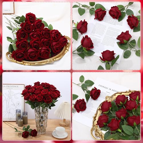 36 Pcs Velvet Texture Burgundy Artificial Flowers Bridal Bouquet, Fake Rose Long Stem Realistic Flowers Bulk for Valentine's Day Wedding Bouquet Ball Arrangement Centerpiece Party Home Decor - color: Burgundy
